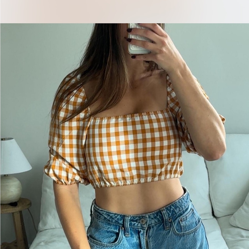 Petal and Pup Gingham Square-Neck Crop Top in Mustard/White